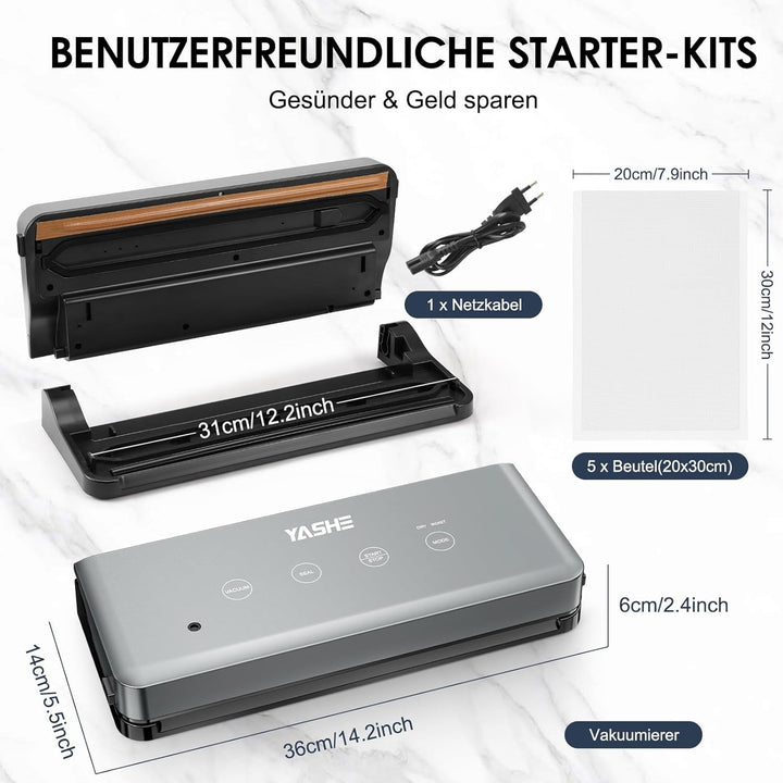YASHE Vakuumiergerät mit Trocken- & Feuchtmodus, 5-in-1 Multifunktions-Vakuumierer mit 30cm Naht, Id