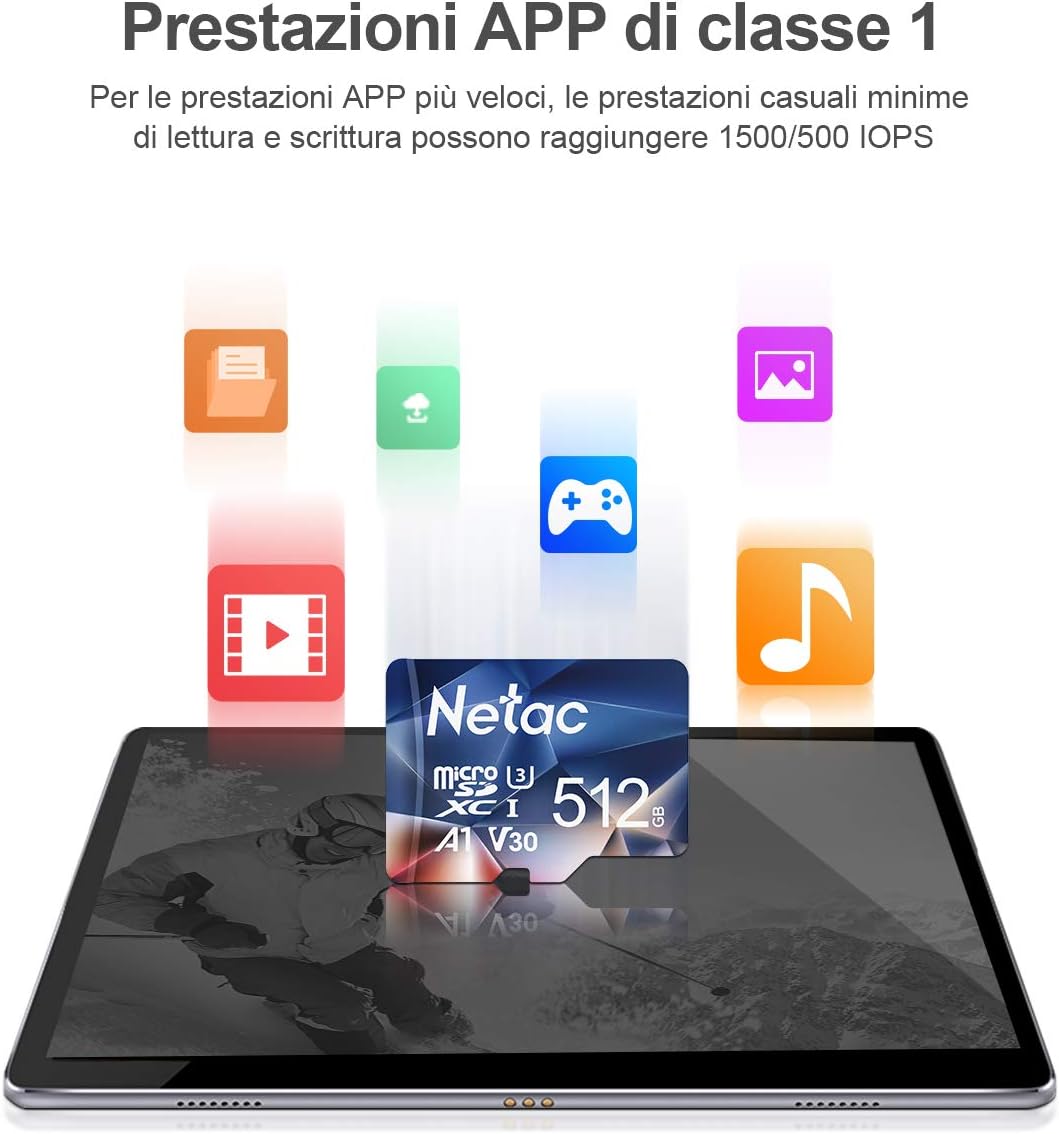 Netac 512GB Speicherkarte，Micro SD Karte(A1, U1, C10, V10, FHD, 600X), TF Memory Card UHS-I bis zu 9