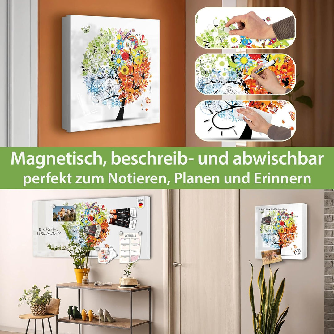 banjado® Grosser Schlüsselkasten Glas/Schlüsselbox 30cm x 30cm mit 50 Haken - Motiv Vier Jahreszeite