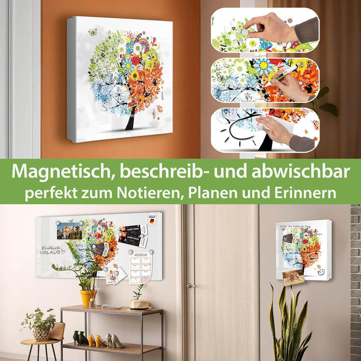 banjado® Grosser Schlüsselkasten Glas/Schlüsselbox 30cm x 30cm mit 50 Haken - Motiv Vier Jahreszeite
