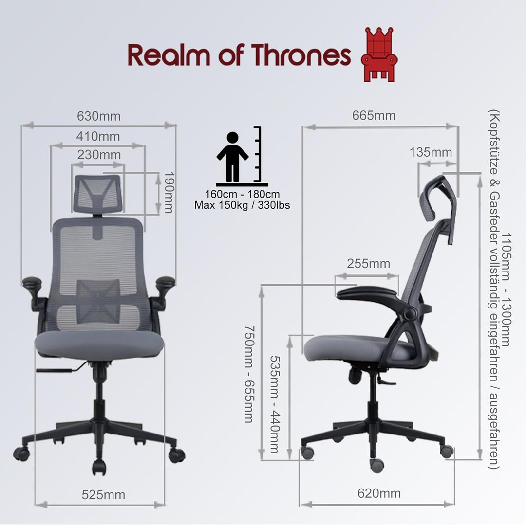 Realm of Thrones Captain Ergonomischer Bürostuhl für Zuhause, Robuste Stahlbasis, Klappbare Armlehne