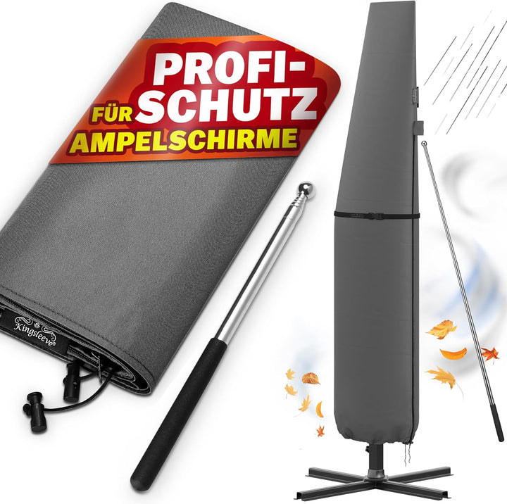 KINGSLEEVE® Sonnenschirm Schutzhülle mit Stab bis Ø 350 cm Winterfest Gross Ampelschirm Gartenschirm