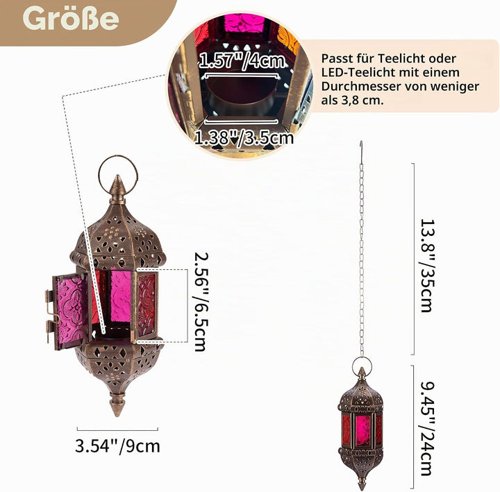 Nuptio Marokkanische Kerze Laterne Hängend Teelicht Kerzenhalter Metall &amp; Glas Ramadan Lampe Braun D