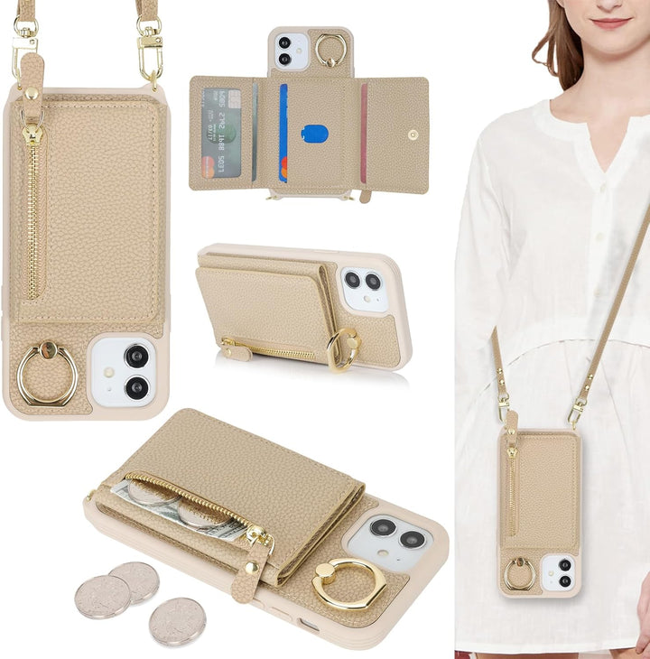ELTEKER Handyhülle für iPhone 12 Mini Hülle mit Band Kartenfach Handykette Ringhalterung Geldbörse,L