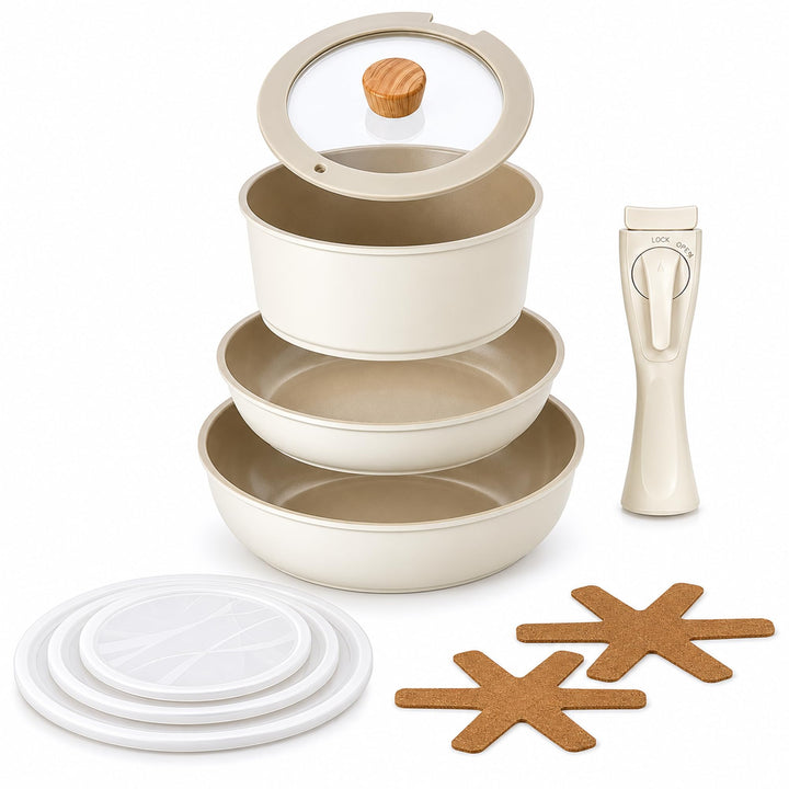 NEOFLAM® Pfannenset Topfset Induktion, abnehmbarer Griff 8-teilig, Antihaft-Keramik-Kochgeschirr-Set