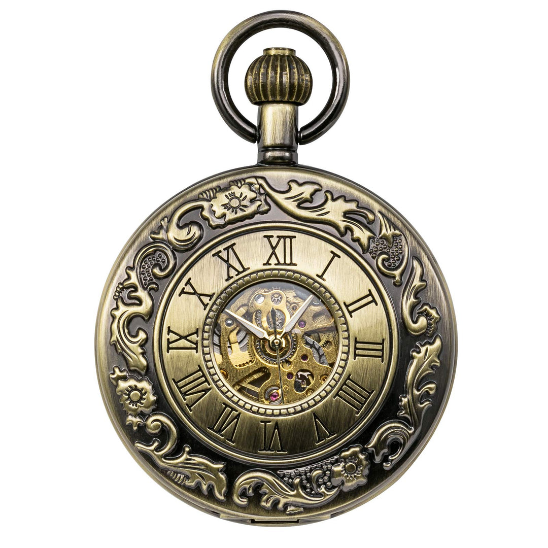 TREEWETO Unisex Taschenuhr mit Kette Analog Handaufzug Antik Skelett Römische Ziffern Bronze