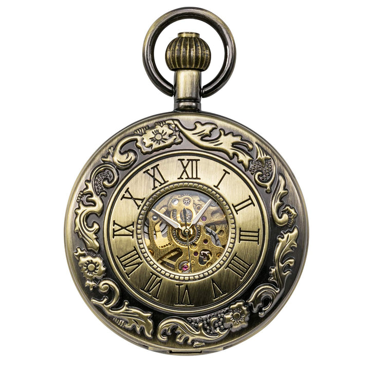 TREEWETO Unisex Taschenuhr mit Kette Analog Handaufzug Antik Skelett Römische Ziffern Bronze