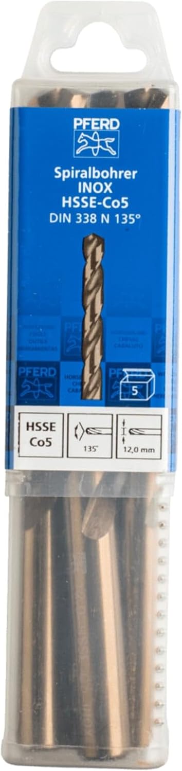 PFERD Spiralbohrer INOX, 5 Stück | Ø 12 mm, HSS-E Co5 N, DIN 338, 135° | 25203583 – für zähe und har