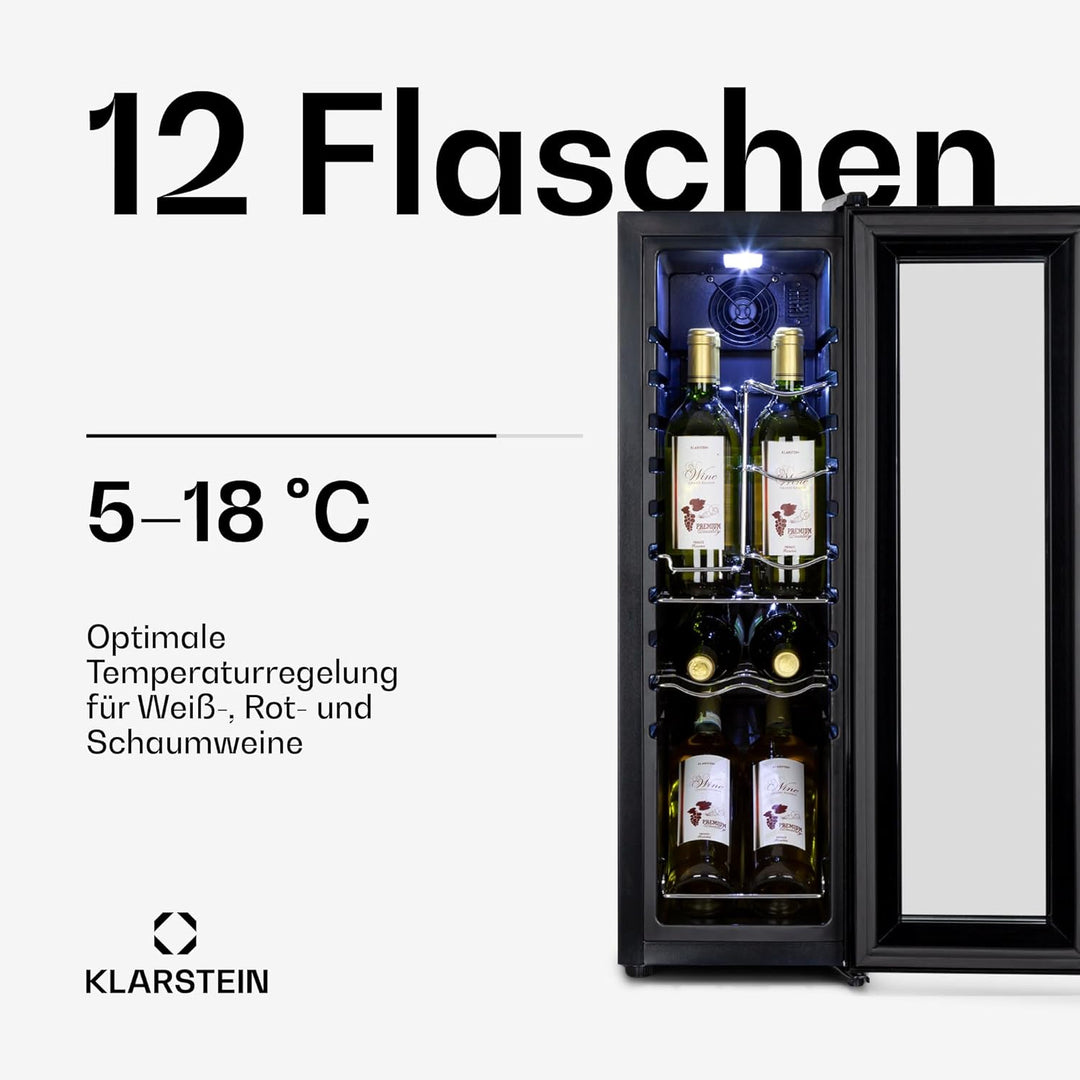 Klarstein Shiraz Weinkühlschrank Schwarz – 12 Flaschen, 32 L, 1 Zone | Getränkekühlschrank mit Glast