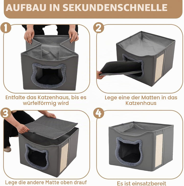 Katzenhaus, Doppellagiges Faltbares Katzenhaus mit Kratzbaum für Katzen, Kratzfestes Material, Wasch