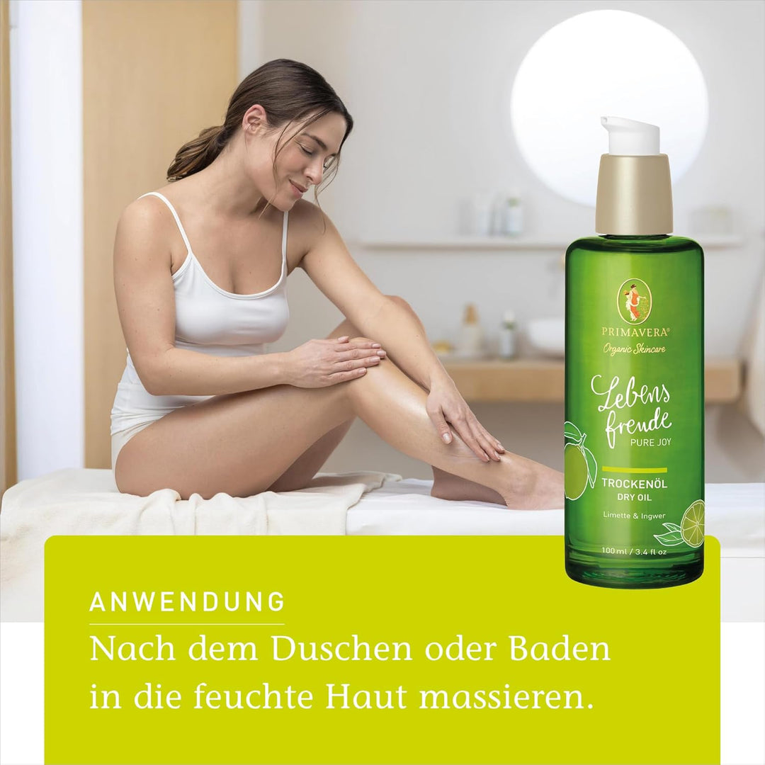 PRIMAVERA Lebensfreude Trockenöl 100 ml – Naturkosmetik – Limette, Ingwer Duft – schnell einziehend,