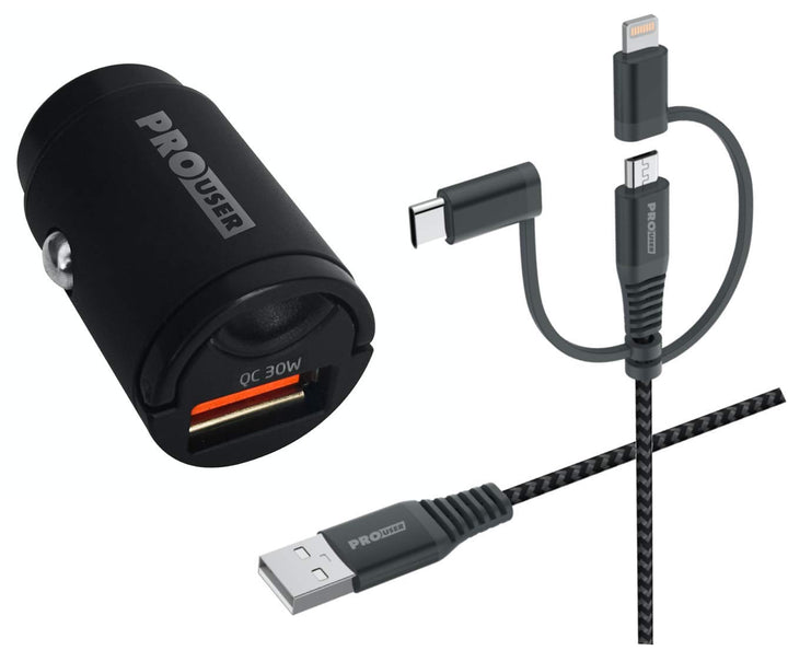 Pro User Set: Car USB Charger 30W + 3-in-1 USB Kabel – USB C- Lightning – Micro USB, das extra klein