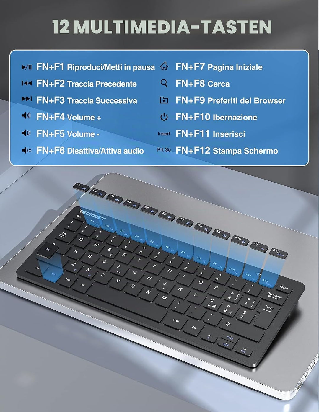 TECKNET Italienische QWERTY-Tastatur und Maus, 2.4G kabellose Tastatur und leise Maus mit Nano-USB-E