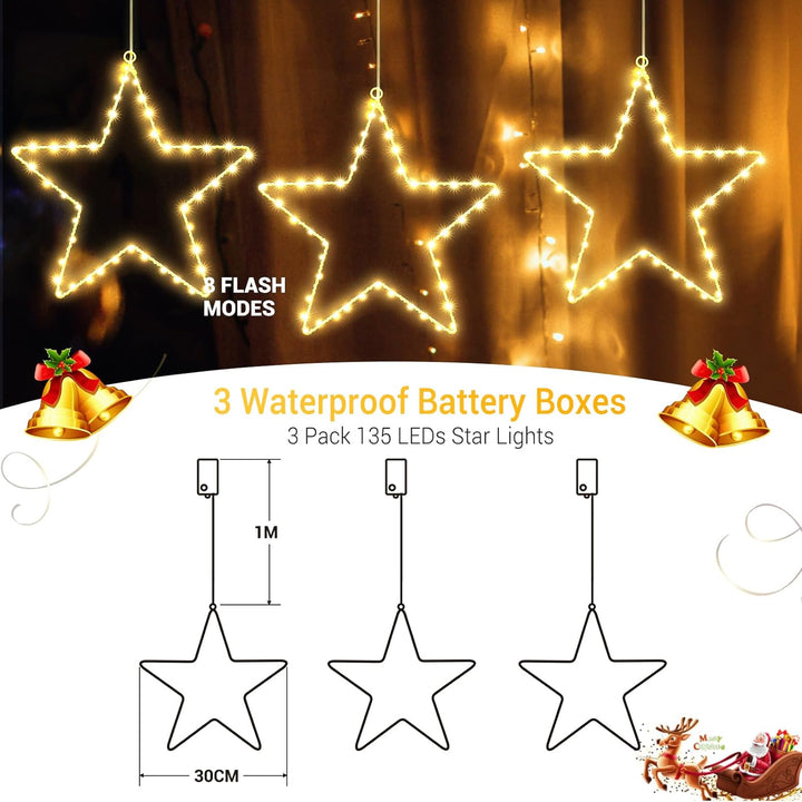ELKTRY Weihnachtsdeko mit 3 metall Sterne, 135 LED Weihnachtsstern Beleuchtung Innen Batterie Warmwe
