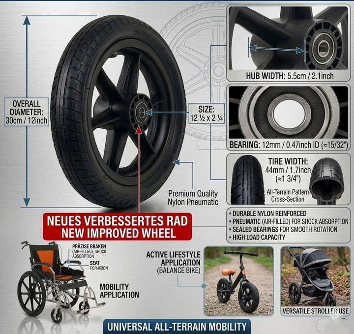 12 Zoll Rollstuhl-Hinterrad, Komplettrad, Ersatzrad, Robuster 12 1/2 x 2 1/4 Zoll Fahrradreifen Viel