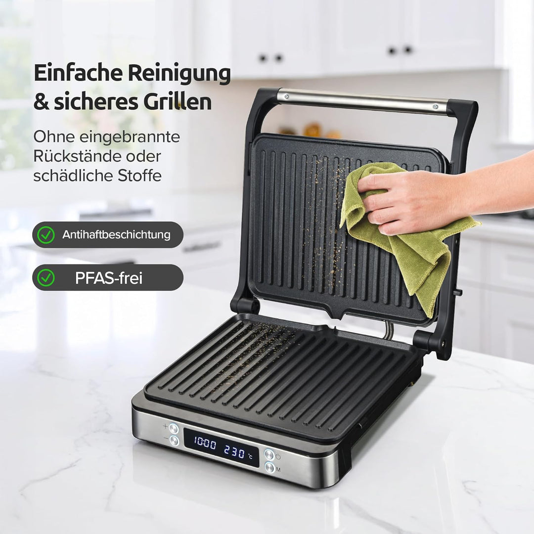 Olvy Sandwichmaker XXL, Digitaler Kontaktgrill mit Antihaftplatten, 3-in-1 Panini Maker, 180° offene