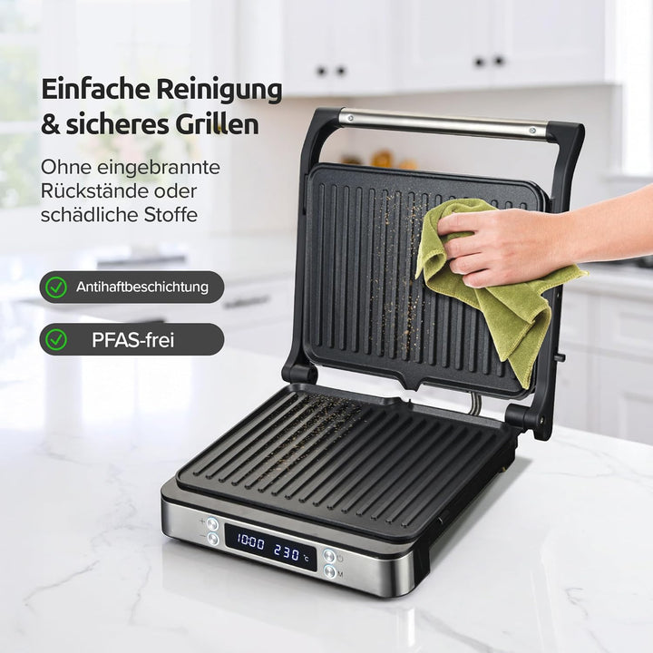 Olvy Sandwichmaker XXL, Digitaler Kontaktgrill mit Antihaftplatten, 3-in-1 Panini Maker, 180° offene