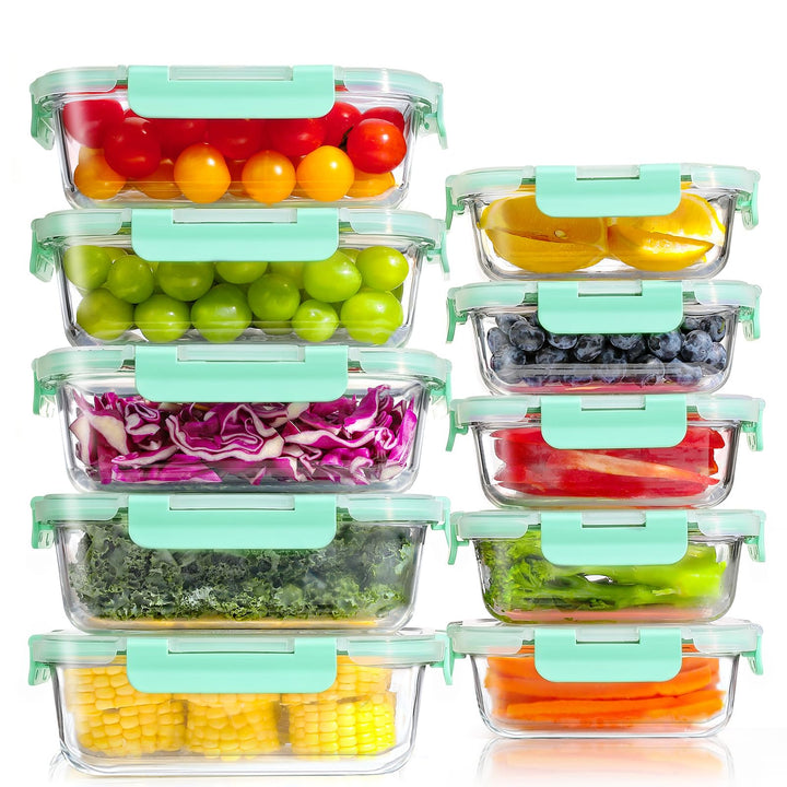 YASHE Glasbehälter mit Deckel, 10 Teile Stapelbar & Luftdicht Meal Prep Boxen Glas für Spülmaschine,