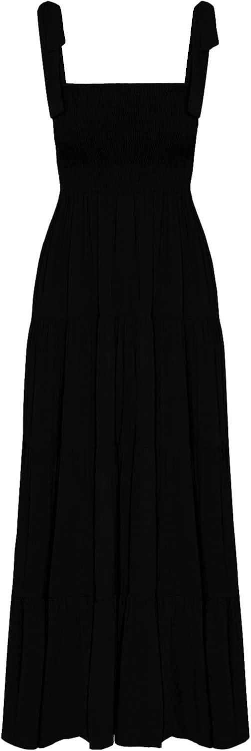 Kinstel Damen Sommer Boho Spaghetti Strap Square Neck Rüschen Casual Flowy Langes Kleid Strand Swing