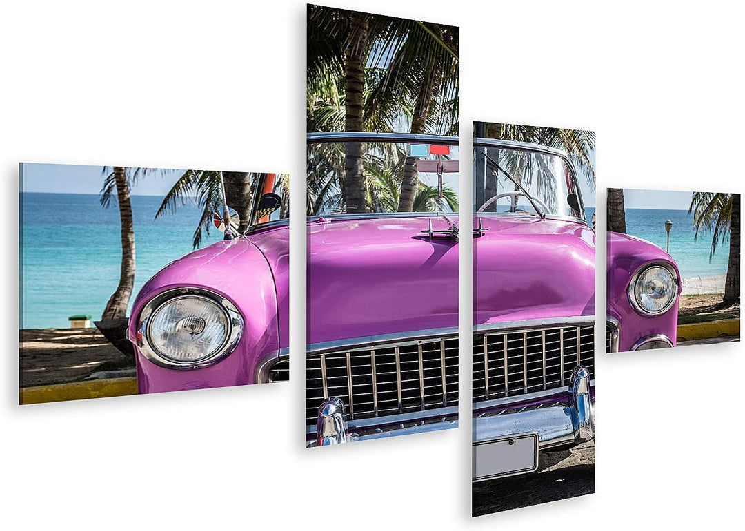 islandburner Bild auf Leinwand Kuba Rosa Amerikanisches Klassisches Auto Geparkt Unter Palmen In Der
