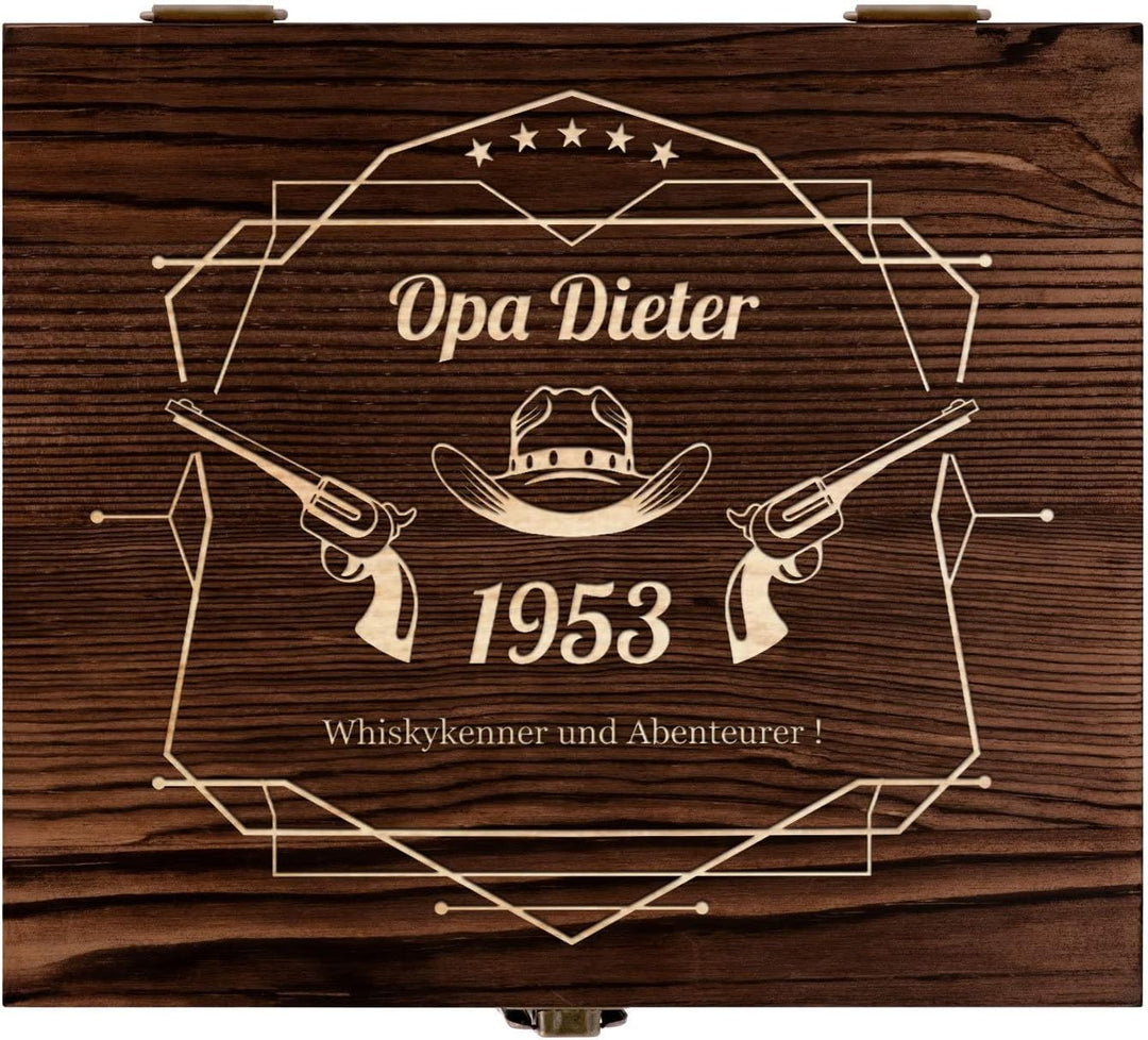 Maverton Whisky Steine Set - in Holzbox mit Gravur - 8 Eiswürfel + 2 Whisky Gläser - wiederverwendba