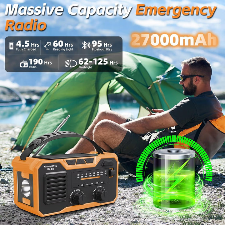 27000mAh Kurbelradio Notfall,Notfallradio Solar Kurbel FM/AM Mit Bluetooth 5.3, Emergency Radio SOS-