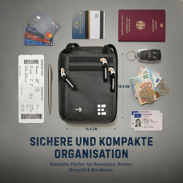 Zero Grid Brustbeutel mit RFID-Schutz – Reise Halsbeutel für Reisepass, Handy, Karten &amp; Bargeld – Fl
