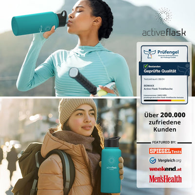 Trinkflasche Edelstahl ACTIVE FLASK + Strohhalm (3 Deckel) BPA-frei, Auslaufsicher, Kohlensäure geei