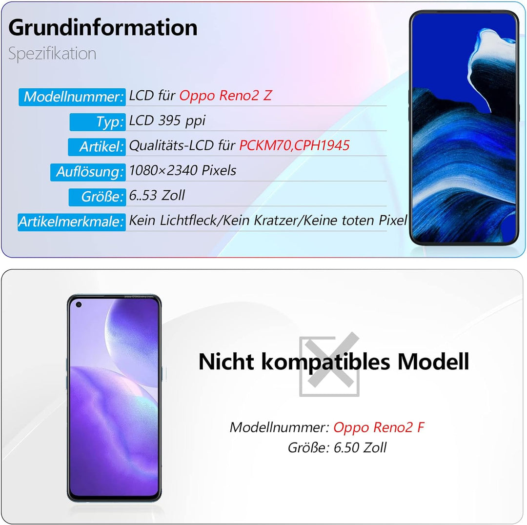 RongZy Kompatibel mit Oppo Reno2 Z/Reno 2Z CPH1945 CPH1951 Ersatz Bildschirm LCD Display und Touchsc