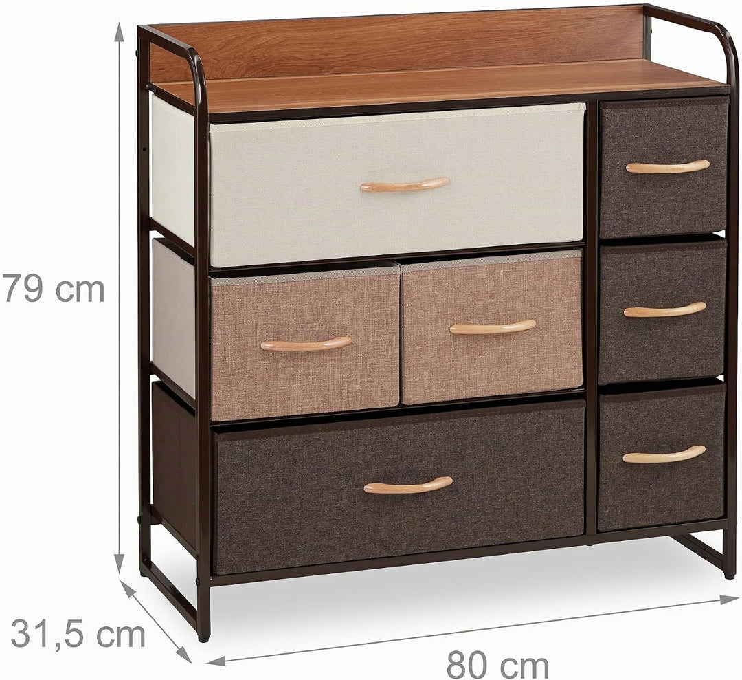 Relaxdays Schubladenschrank, 7 Stoff Fächer, Ablage, Schränkchen, Stahlgestell, Minikommode HBT 79 x