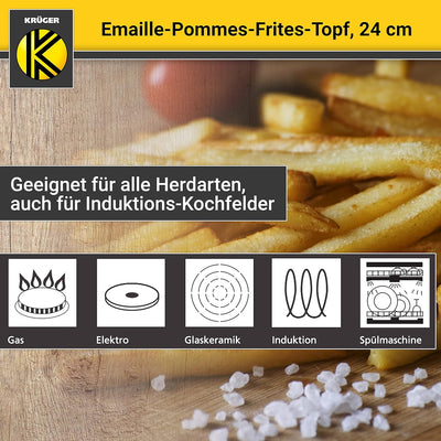 Krüger Emaille-Pommes-Frites-Topf mit Chromrand und Siebeinsatz - 24cm - perfekte Wärmeleitung - Top