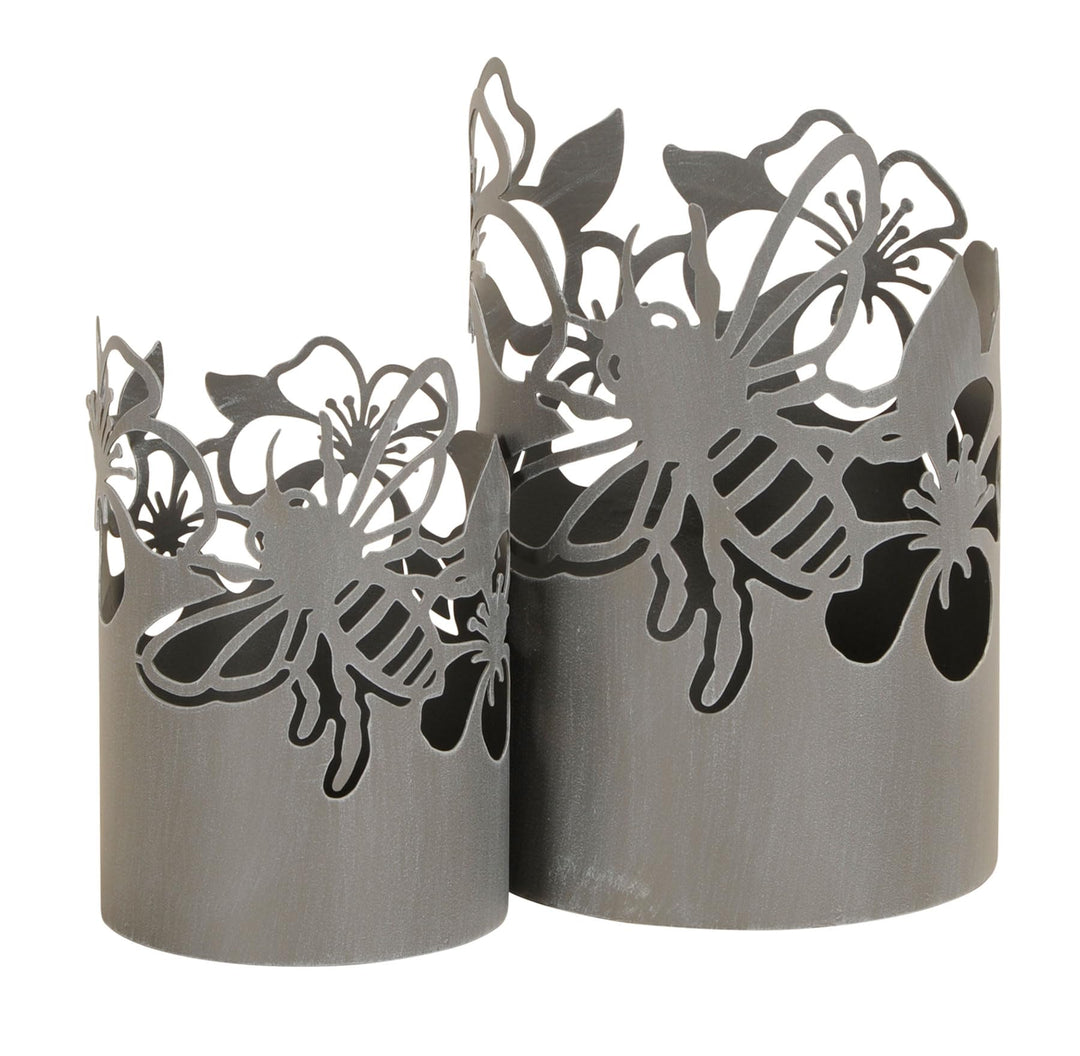 levandeo 2er Set Windlicht Blumen H18-24cm Grau Metall Laterne Gartenleuchte Biene Kerzenhalter Gart