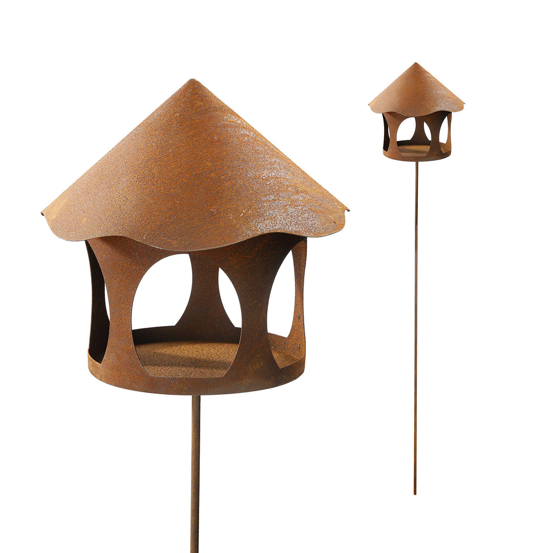 ecosoul Vogelhaus Futterstelle rund zum Stecken mit Stab Metall Rost Deko Kerzenhalter Stecker Stab