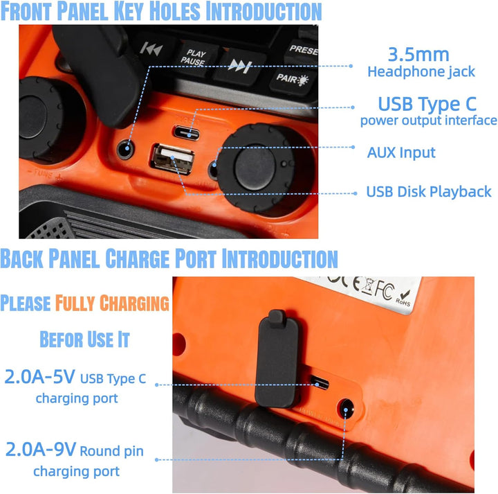 Bingxue FM-Radio-Empfänger, USB-Bluetooth-Lautsprecher mit Uhr-Alarm/LED-Lichtern, tragbar, Antikoll