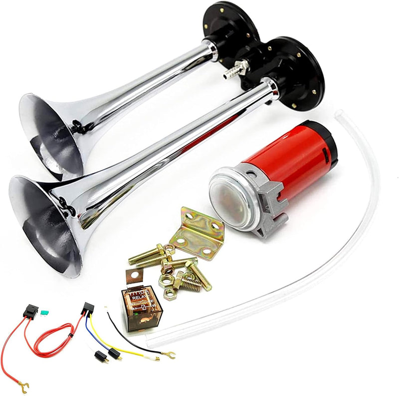 Dhuile Auto Horn 12 V 150dB Air Horn, Doppelrohr Horn, Chrom Zink Dual Trumpet Air Horn mit Kompress