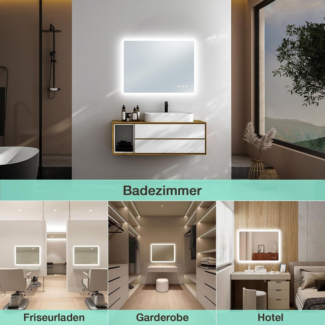 Badezimmerspiegel Led Badspiegel 80x60 cm, Rechteckig, Touch-Schalter, Dimmbar, 3 Lichtfarbe Einstel