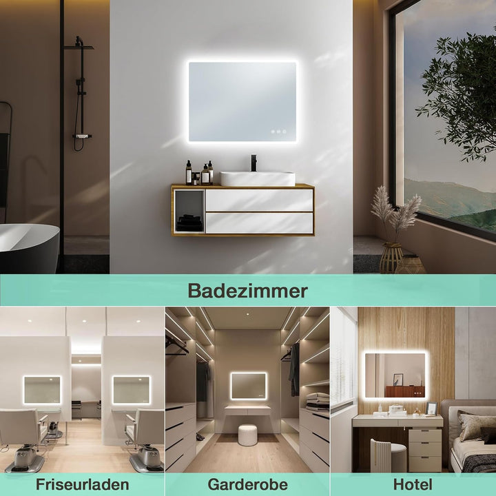 Badezimmerspiegel Led Badspiegel 80x60 cm, Rechteckig, Touch-Schalter, Dimmbar, 3 Lichtfarbe Einstel