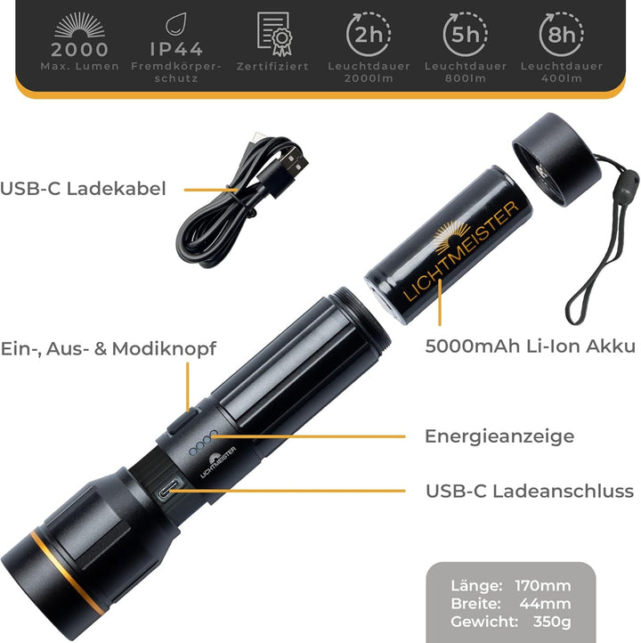 LICHTMEISTER® Taschenlampe (2000 Lumen, 5000 mAh Akku) - Taschenlampe LED aufladbar - LED Taschenlam