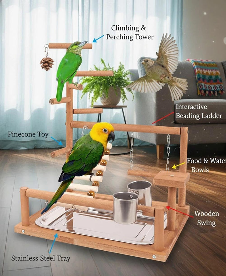Vogelspielzeug, Wellensittich aus Holz, Wellensittich Zubehör mit Futternäpfen aus Edelstahl, Tablet