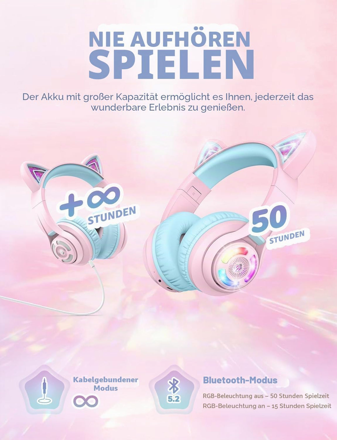 iClever Bluetooth Kopfhörer Kinder, Katzenohr LED Leuchten, Kabellose Kinder Kopfhörer über dem Ohr