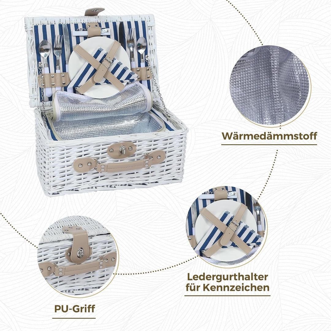 Picknickkorb Set für 2 Person mit Kühlfach, Abnehmbarer Riemen, Weinbeutel, Besteck Set, für Camping