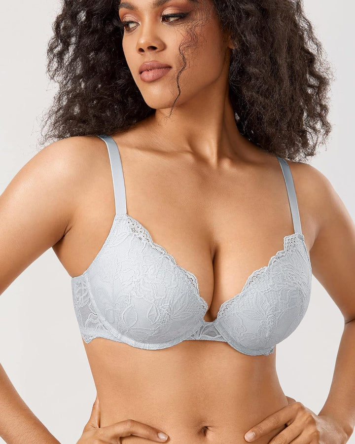 DOBREVA Damen Push Up BH Mit Spitze Gepolstert Plunge Bügel Vollschalen BHS Gemoldete Cups 70A Opalg