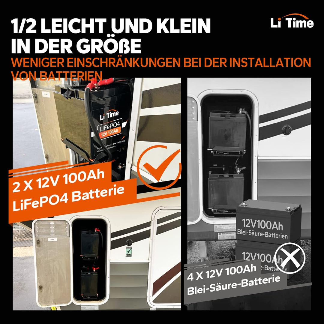 LiTime 12V 100Ah LiFePO4 Batterie, 1280Wh Lithium Akku mit 100A BMS, Max. 15000 Zyklen Ladezyklen, U