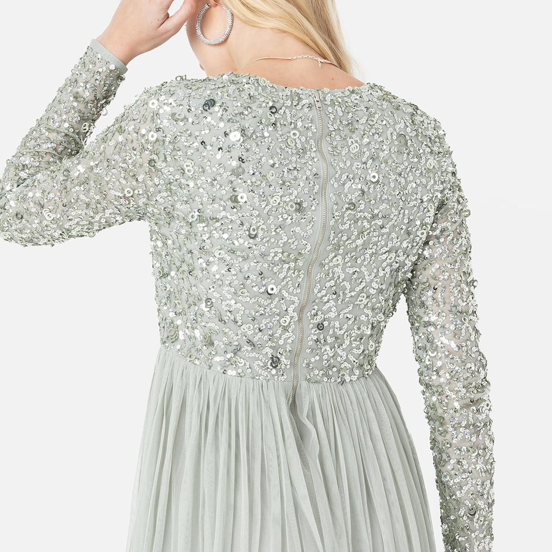 Maya Deluxe Damen Ladies Maxi Dress for Women with Long Sleeves V Neckline Plunging Sequin Embellish