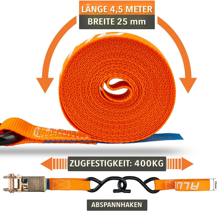 Alubox Spanngurt mit Ratsche und S-Haken 25mm breit orange Belastbarkeit 400kg Ratschengurt TÜV G/S