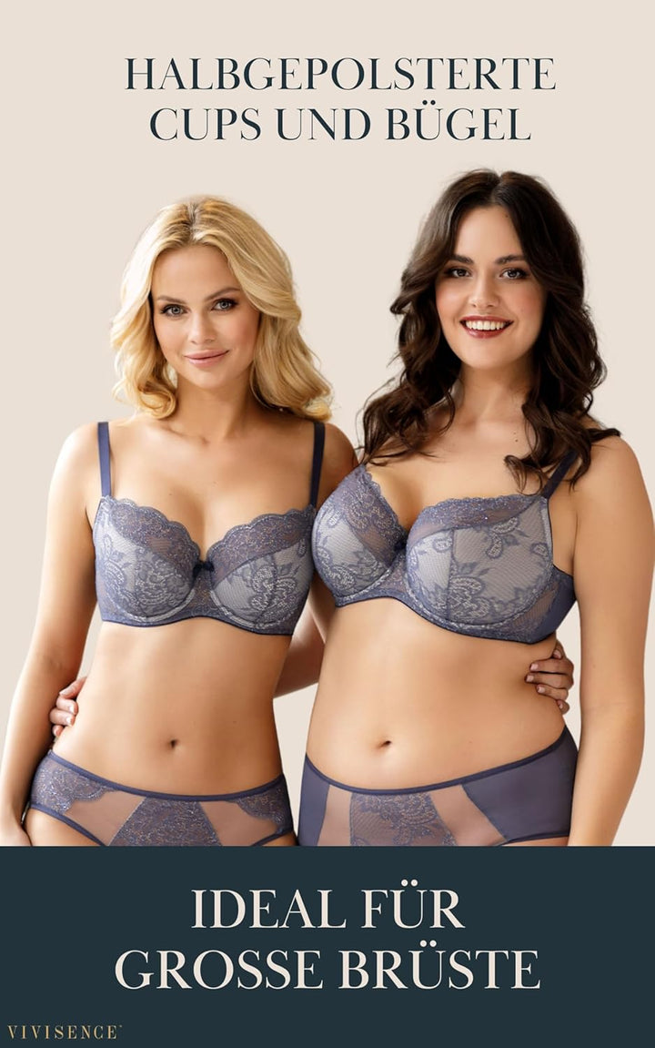 VIVISENCE Damen Bügel-BH Spitze Halbversteifte Schalen Träger 1045 70D Schwarz, 70D Schwarz