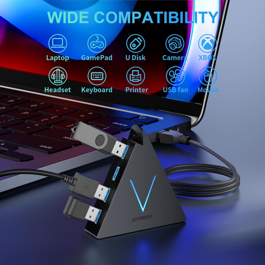 4-Port USB 3.0 Hub, FlyingVHUB USB Hub Tower mit 60 cm verlängertem Kabel, RGB-Beleuchtung (mit Scha