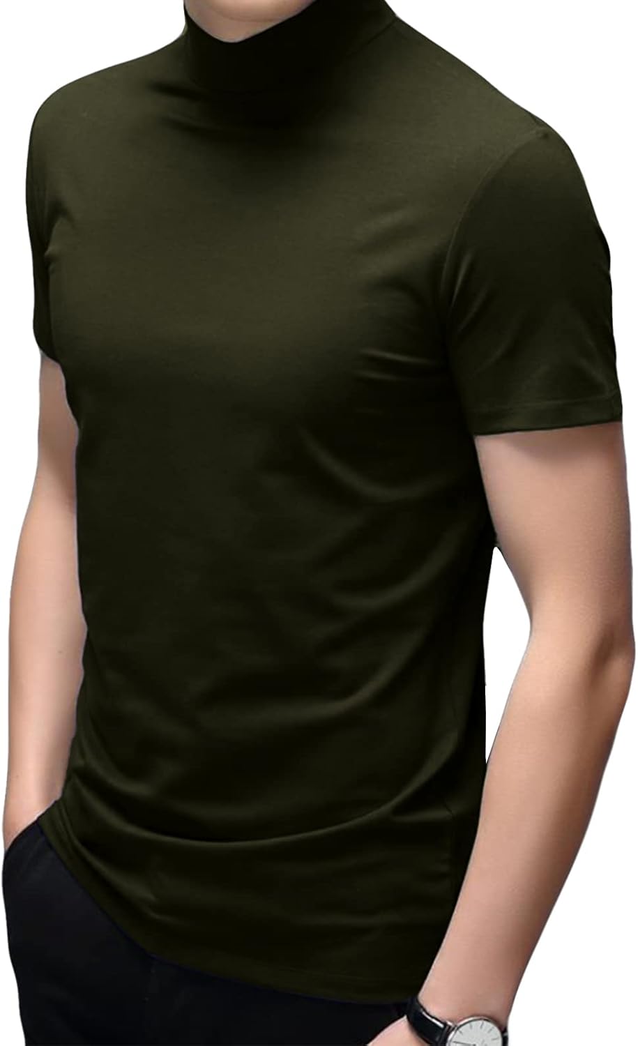 Herren T-Shirt Kurzarm Polo Neck Basic Mock Turtleneck Slim Fit Solid Tops XL 1-grün, XL 1-grün