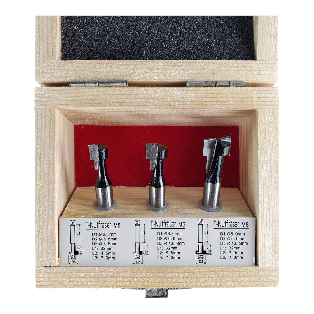STIER T-Nutfräser-Set 3-teilig M5 M6 und M8 Schrauben, 8 mm Schaft, für Oberfräsen, T Nut Fräser, T