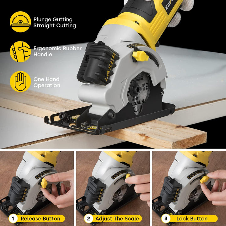 Enventor Mini Kreissäge 580W, Mini Handkreissäge mit Skalenlineal & Laserführung, 4000RPM, Einhändig